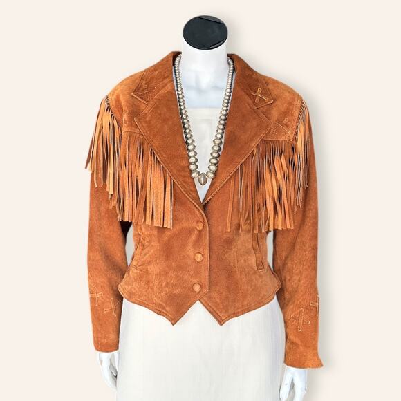 Vintage 80s Wilsons Rust Brown Suede Fringe Jacket Western Boho Cowgirl Small - Picture 2 of 10